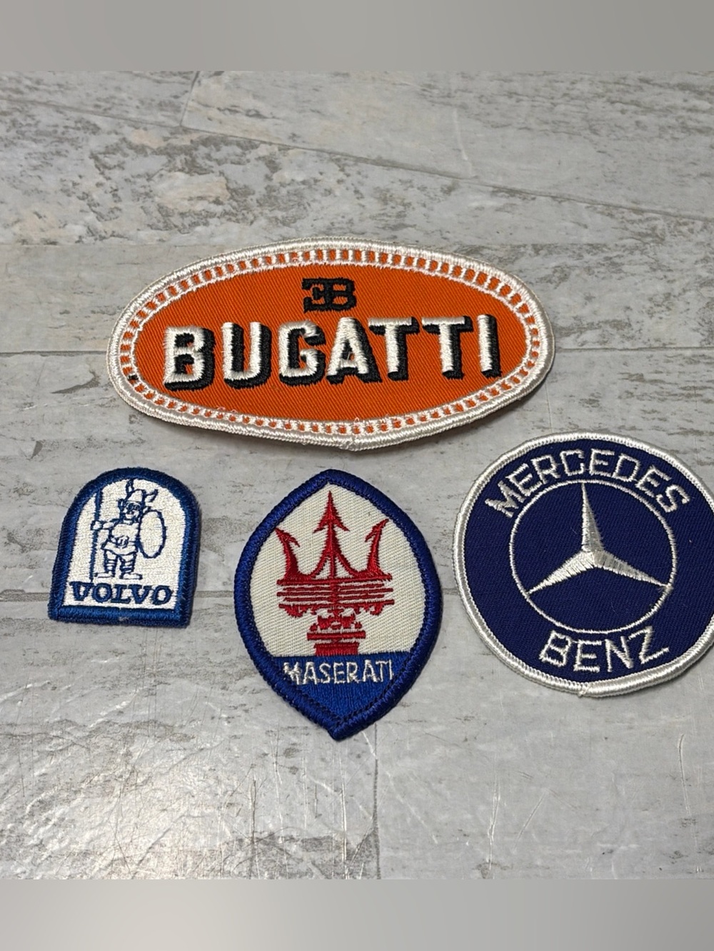 Vintage Sports Car Patches Iron On -Bugatti Maserati Volvo Mercedes Benz Set 4